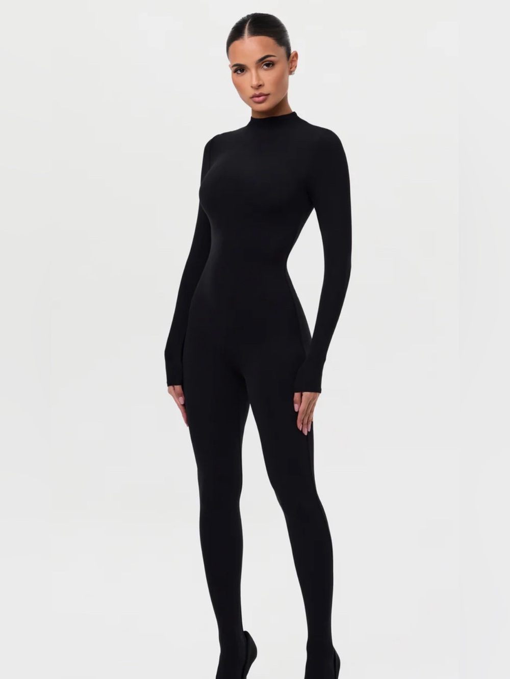 Worn 1x Naked Wardrobe Black Smooth Stirrup Jumpsuit Long-sleeve Catsuit